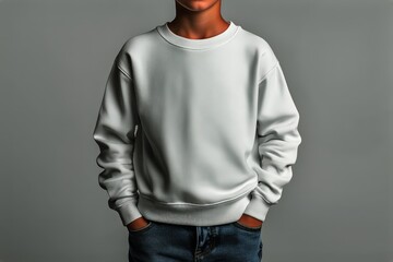 Young Boy in a Cozy White Sweatshirt With Hands in Pockets Standing Against a Gray Wall Indoors.