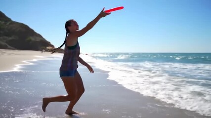 Joyful beach frisbee play: energetic young woman enjoying coastal fun under sunny skies - Powered by Adobe