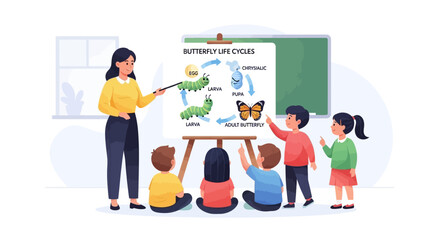 Engaging educational exploration of the butterfly life cycle with a teacher guiding young children through nature's transformation in a vibrant classroom setting.