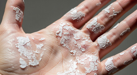 A close-up of a human hand with patches of dried, flaking glue on the skin.