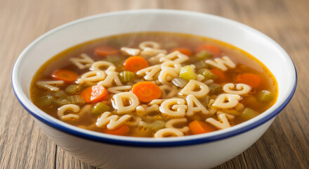  close-up of alphabet soup letters in a bowl, with a warm broth and small vegetables.