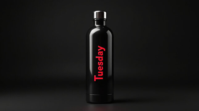 A sleek black stainless steel water bottle with the word tuesday in red, symbolizing a day of the week and a reminder of schedules and appointments on a dark background
