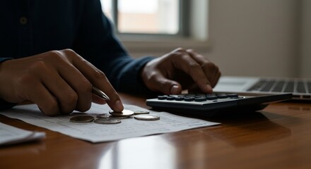 Economía doméstica con monedas, facturas, calculadora y portátil junto a la ventana, seguimiento de gastos, pago de facturas, cálculo de impuestos y plan de ahorro