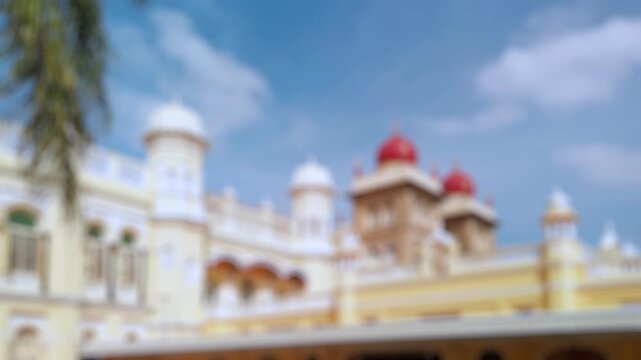 Bokeh view of Mysore palace in Mysore, India. Blurred background footage.