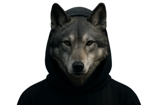 Realistic wolf mask on human body in black hoodie with intense gaze on transparent background - Powered by Adobe