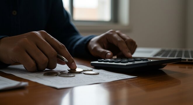 Econom&iacute;a dom&eacute;stica con monedas, facturas, calculadora y port&aacute;til junto a la ventana, seguimiento de gastos, pago de facturas, c&aacute;lculo de impuestos y plan de ahorro