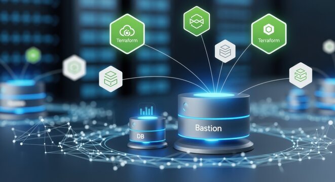A secure cloud infrastructure illustration showing a database server protected behind a bastion host with Terraform automation icons representing streamlined and safe endtoend