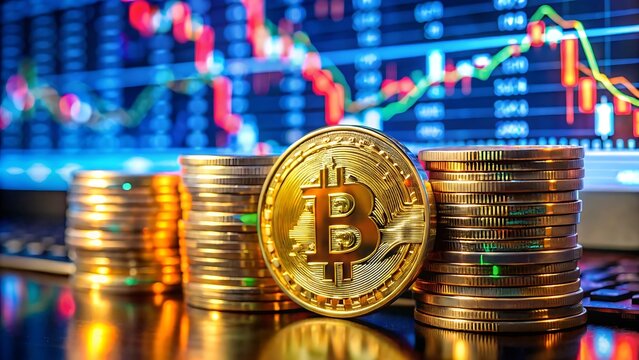 Golden bitcoin coin stacked with other coins against a backdrop of financial market charts