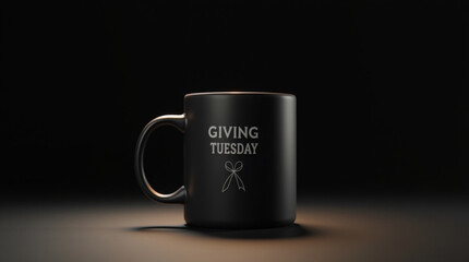 A minimalist black mug with giving tuesday inscription, symbolizing charitable giving and community support on a dark background, promoting generosity and social impact