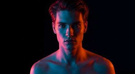 Man bathed in vibrant red and blue neon light
