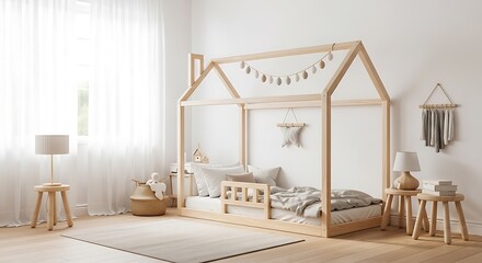 Photo of cozy scandinavianstyle childs bedroom with a wooden houseshaped bed and bright, natural light