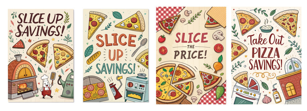 Colorful and playful pizza-themed illustrations promoting savings on pizza.