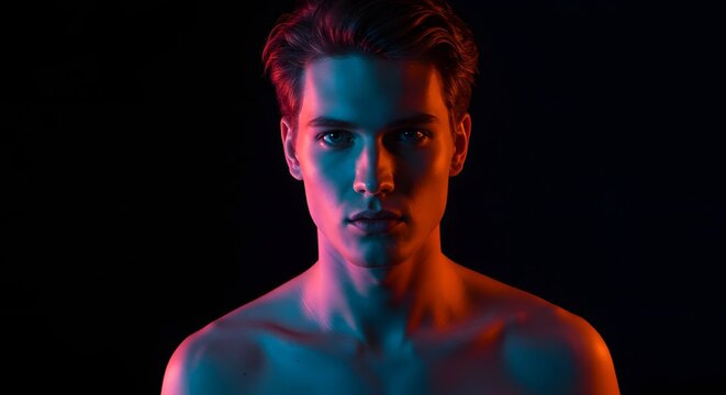 Man bathed in vibrant red and blue neon light - Powered by Adobe