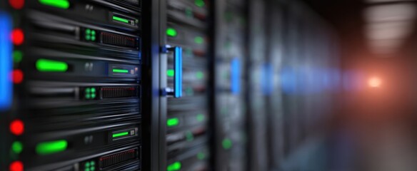The server rack illuminated with green status lights in a modern data center corridor