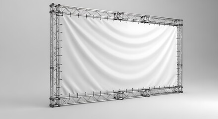 Photo of white fabric banner stretched taut on a metal truss structure, ideal for events and advertising