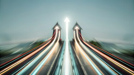 An upward arrow symbolizing growth and progress on a blurred background