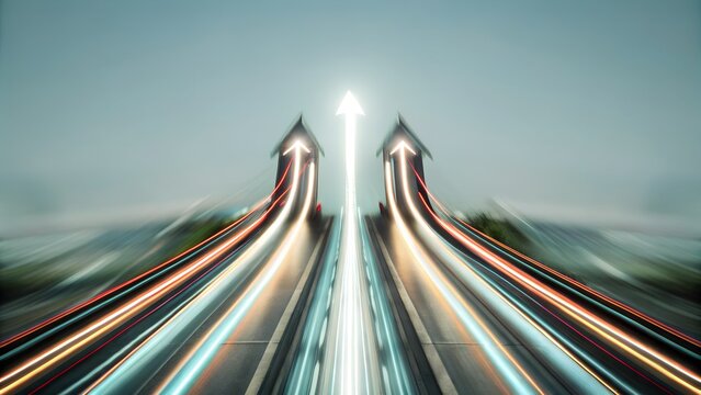 An upward arrow symbolizing growth and progress on a blurred background