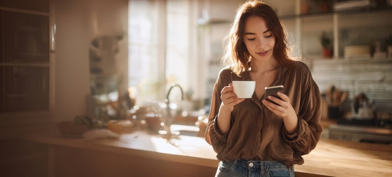 The woman enjoying coffee while checking her smartphone in a sunlit modern kitchen