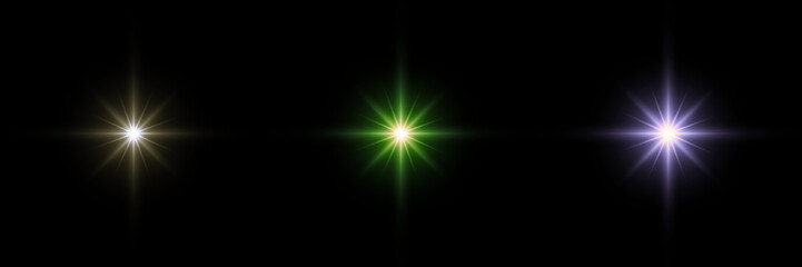 Triple Bright Starburst Lens Flares: Gold, Green, Purple