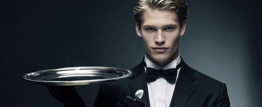 The butler holding an empty silver serving tray in a formal tuxedo