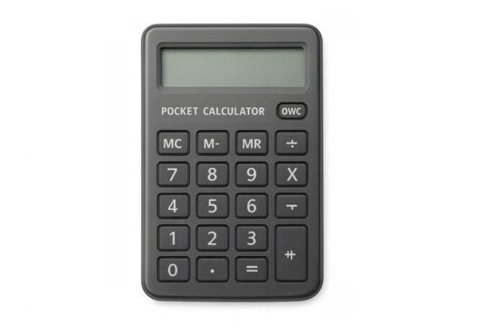 Pocket calculator on transparent background performing calculations