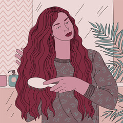 Young woman combs her long hair with a hairbrush near a mirror and a houseplant. Beautiful girl in the bathroom preens. Vector flat illustration of hair care. Pastel colors.
