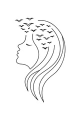 Minimalist ine drawing line art profile a woman with birds flying from her hair head
