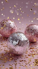 Colorful Disco Balls Reflect Light With Golden Stars on a Vibrant Pink Background at a Festive Event.