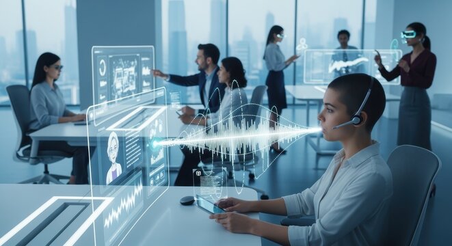 A futuristic workspace featuring diverse professionals using AIpowered voice assistants and virtual meeting tools with dynamic sound waves and digital interfaces highlighting the