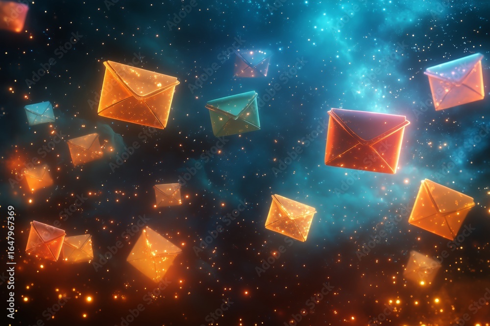 Wall mural colorful envelopes floating in a cosmic background with sparkling stars in space