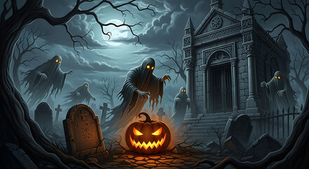 Spooky halloween scene with ghosts, pumpkin, and graveyard