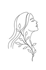 Minimalist line drawing a woman s profile with flowing hair leaves face head