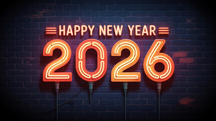 Glowing 2026 Neon Sign with Happy New Year Message, Festive Celebration, and Holiday Greetings for a Bright Future and Joyful Start to the Year