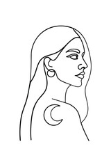Minimalist line drawing a woman with a crescent moon tattoo her shoulder profile
