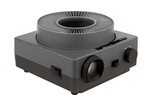 Vintage slide projector isolated on transparent background with round carousel