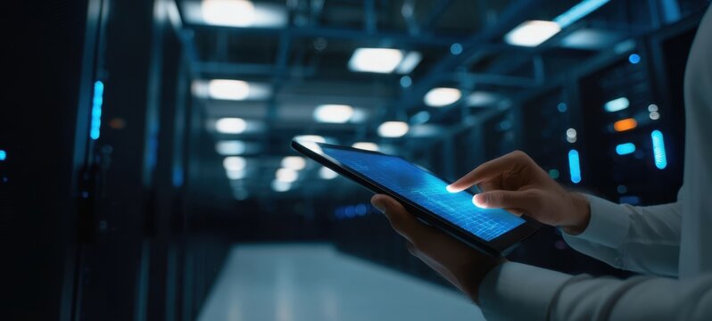 The Tablet in a Modern Data Center With Technician Using Touchscreen Interface - Powered by Adobe