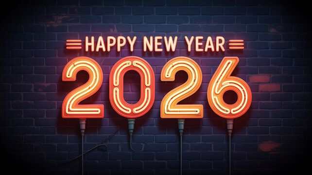 Glowing 2026 Neon Sign with Happy New Year Message, Festive Celebration, and Holiday Greetings for a Bright Future and Joyful Start to the Year