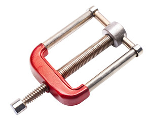 Small red metal clamp with screw mechanism, isolated on transparent background