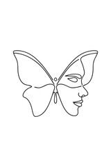 Minimalist single line drawing a butterfly with a human face profile vector