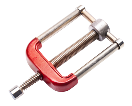 Small red metal clamp with screw mechanism, isolated on transparent background