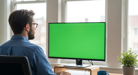 man working on computer with green screen in bright office setting at home