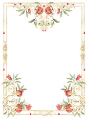 Baroque floral frame with pomegranate fruits and green leaves, royal ornament, luxury wedding border