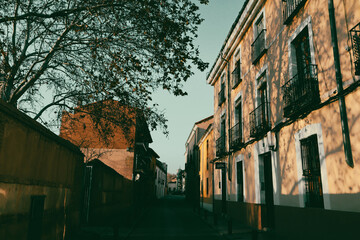 Picturesque narrow street lined with historic buildings bathed in warm evening light. Shadows from trees dance on the facades, creating a peaceful and cinematic atmosphere. Charming old European town.