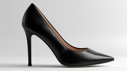 Obraz premium Elegant black high heel shoe showcasing modern design and sophistication against a neutral background