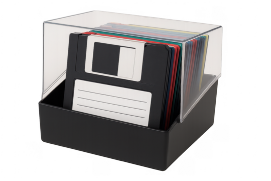 Colorful floppy disks stored in a case with transparent lid on a transparent background - Powered by Adobe