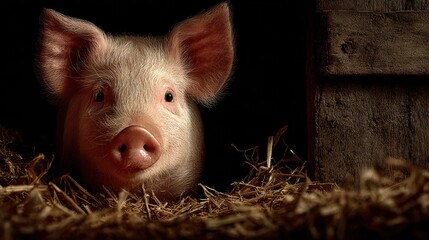 Curious piglet gazes from its straw-filled shelter in a rustic barn during early morning light