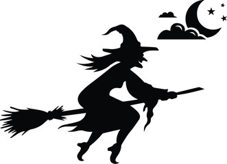 halloween witch flying in the sky to the moon vector