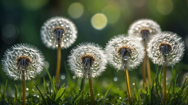 Close-up of delicate dandelion seed heads glowing in the soft morning sunlight, surrounded by dewy grass.