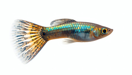 Bright guppy with vibrant iridescent scales and colorful flowing tail in clear water.