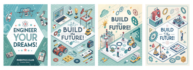 Engaging illustrations promoting a robotics club aimed at inspiring young inventors and engineers.